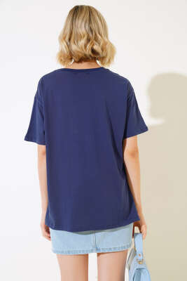 Baskılı Yan Yırtmaçlı T-shirt Lacivert - Thumbnail