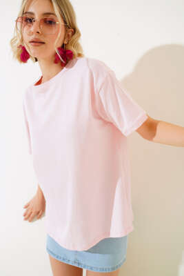 Baskılı Yan Yırtmaçlı T-shirt Pudra - Thumbnail