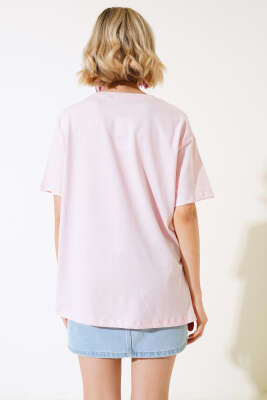 Baskılı Yan Yırtmaçlı T-shirt Pudra - Thumbnail