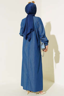 Yarım Düğmeli Kot Elbise Koyu Mavi - Thumbnail