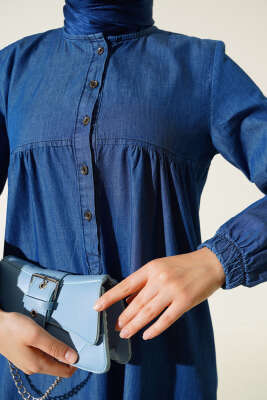 Yarım Düğmeli Kot Elbise Koyu Mavi - Thumbnail