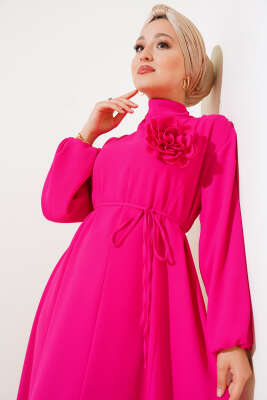 İp Kemerli Gül Elbise Fusya - Thumbnail