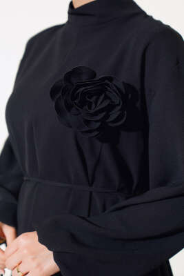 İp Kemerli Gül Elbise Siyah - Thumbnail