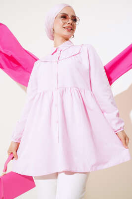 Pazarium - Önü Dantelli Gömlek Pembe