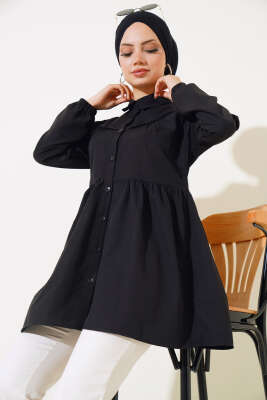 Pazarium - Önü Dantelli Gömlek Siyah