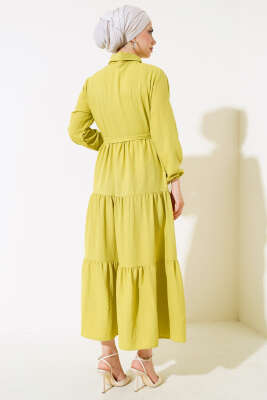 Patlı Dokuma Terikoton Elbise Yağ Yeşili - Thumbnail