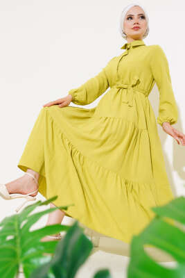 Patlı Dokuma Terikoton Elbise Yağ Yeşili - Thumbnail