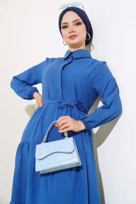 Patlı Dokuma Terikoton Elbise Indıgo - Thumbnail