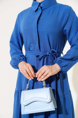 Patlı Dokuma Terikoton Elbise Indıgo - Thumbnail