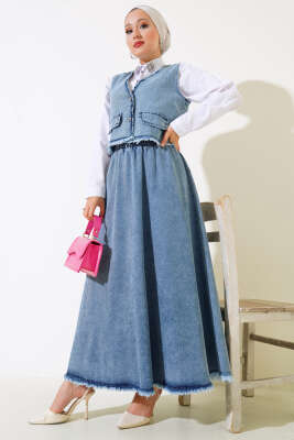 Pazarium - Püsküllü Kot Yelek Takım Kot Mavisi