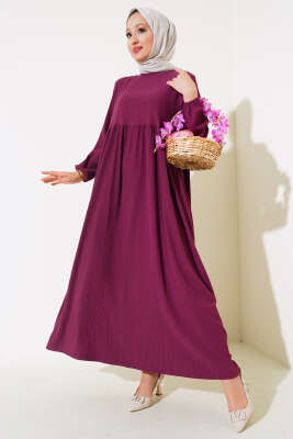 Pazarium - Kol Lastikli Bürümcük Elbise Mürdüm