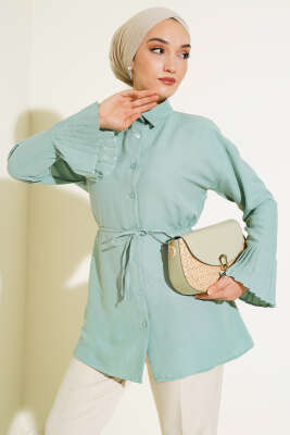 Pazarium - Kol Bileği Pileli Gömlek Mint