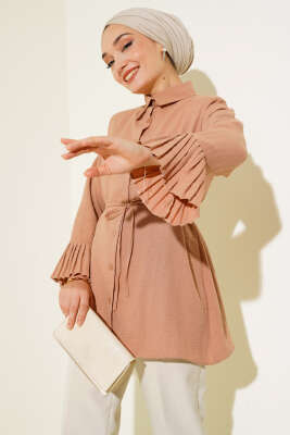 Pazarium - Kol Bileği Pileli Gömlek Latte