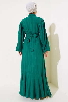 Kolları Boncuk Detaylı Kuşaklı Elbise Zümrüt Yeşili - Thumbnail