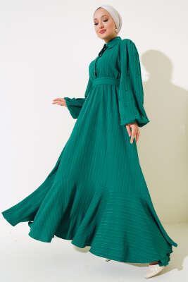 Kolları Boncuk Detaylı Kuşaklı Elbise Zümrüt Yeşili - Thumbnail