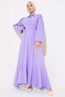 Kolları Boncuk Detaylı Kuşaklı Elbise Lila - Thumbnail