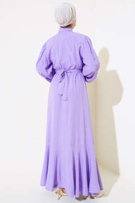 Kolları Boncuk Detaylı Kuşaklı Elbise Lila - Thumbnail