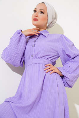 Kolları Boncuk Detaylı Kuşaklı Elbise Lila - Thumbnail