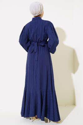 Kolları Boncuk Detaylı Kuşaklı Elbise Lacivert - Thumbnail