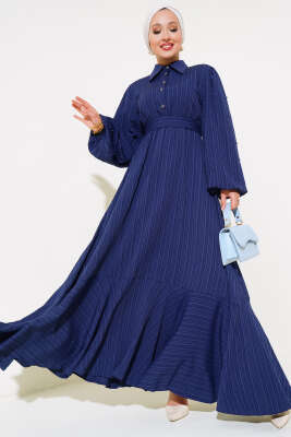 Kolları Boncuk Detaylı Kuşaklı Elbise Lacivert - Thumbnail