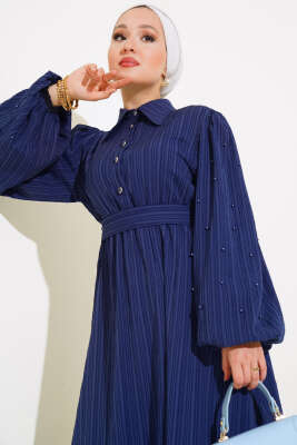 Kolları Boncuk Detaylı Kuşaklı Elbise Lacivert - Thumbnail