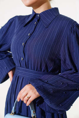 Kolları Boncuk Detaylı Kuşaklı Elbise Lacivert - Thumbnail