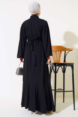 Kolları Boncuk Detaylı Kuşaklı Elbise Siyah - Thumbnail