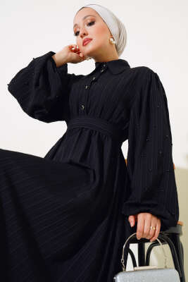 Kolları Boncuk Detaylı Kuşaklı Elbise Siyah - Thumbnail