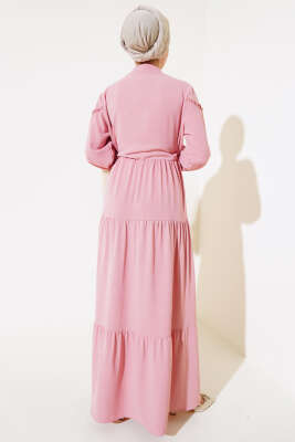 Önü Yarım Düğmeli Kat Kat Elbise Pudra - Thumbnail