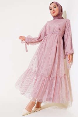 Pazarium - Pullu Kat Tül Elbise Pudra