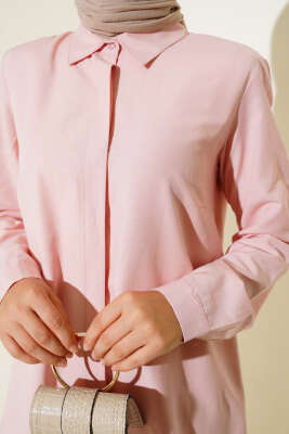 Uzun Model Klasik Yaka Tunik Pudra - Thumbnail