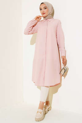 Uzun Model Klasik Yaka Tunik Pudra - Thumbnail
