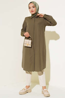 Uzun Model Klasik Yaka Tunik Haki - Thumbnail