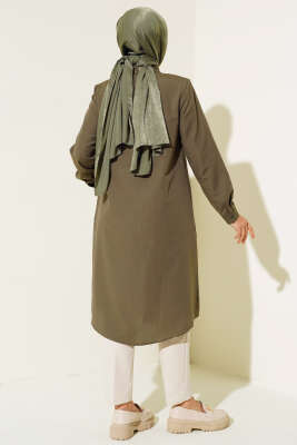 Uzun Model Klasik Yaka Tunik Haki - Thumbnail