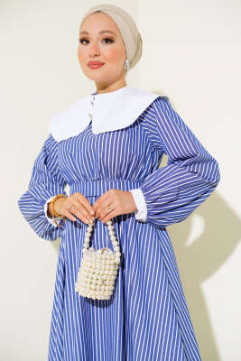 Bebe Yaka Çizgili Elbise İndigo - Thumbnail