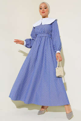 Bebe Yaka Çizgili Elbise İndigo - Thumbnail