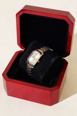 Dikdörtgen Kadın Kol Saati Gold Gümüş - Thumbnail