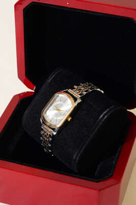 Dikdörtgen Kadın Kol Saati Gold Gümüş - Thumbnail