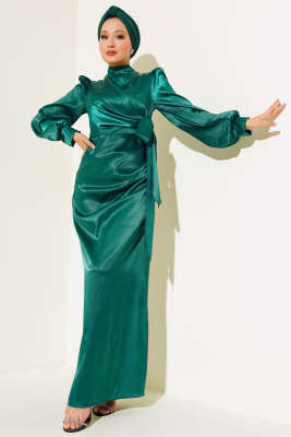 Pazarium - Yandan Bağlamalı Saten Elbise Zümrüt