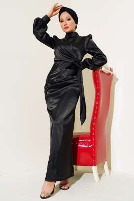 Pazarium - Yandan Bağlamalı Saten Elbise Siyah