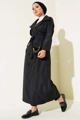Düğmeli Trençkot Siyah - Thumbnail