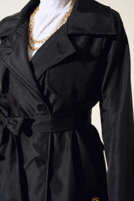 Düğmeli Trençkot Siyah - Thumbnail