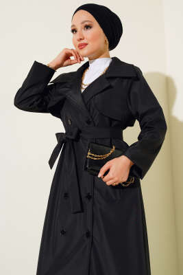 Düğmeli Trençkot Siyah - Thumbnail