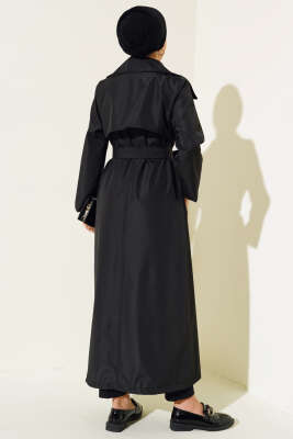 Düğmeli Trençkot Siyah - Thumbnail