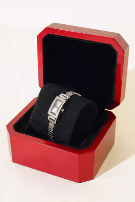 Taşlı Dikdörtgen Çerçeveli Kadın Kol Saati Gümüş - Thumbnail