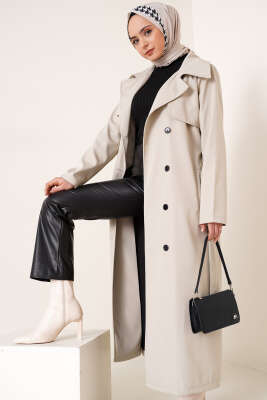 Düğmeli Trençkot Taş - Thumbnail