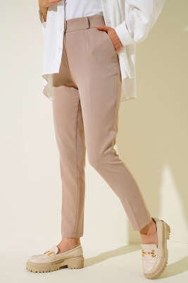 Dar Paça Pileli Kumaş Pantolon Vizon - Thumbnail