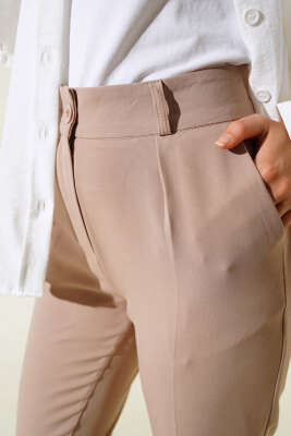 Dar Paça Pileli Kumaş Pantolon Vizon - Thumbnail