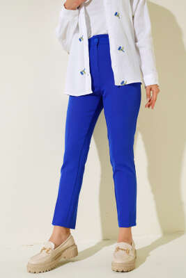 Pazarium - 	 Dar Paça Pileli Kumaş Pantolon Saks