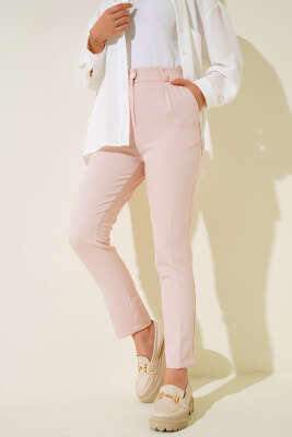 Pazarium - 	 Dar Paça Pileli Kumaş Pantolon Pudra